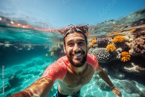 Young man in red swimsuit and mask swimming underwater at tropical coral reef