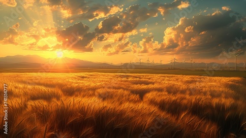 Field of Wheat at Sunset With Windmills in the Background