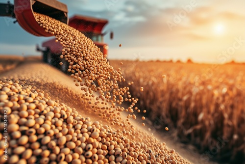 Pouring soy bean grain into tractor trailer after harvest at field