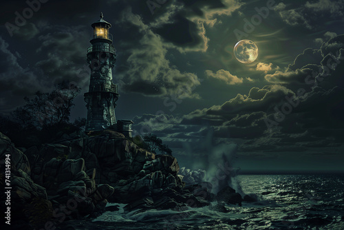 a hyper-realistic of a medieval lighthouse in the dark with many details in a dark art style.