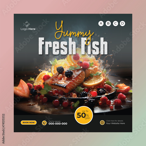 Healthy delicious fresh sea fish with exploding salad banner for social media post ai generated