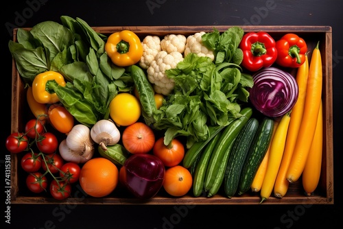 vegetables neatly arranged in a wooden tray