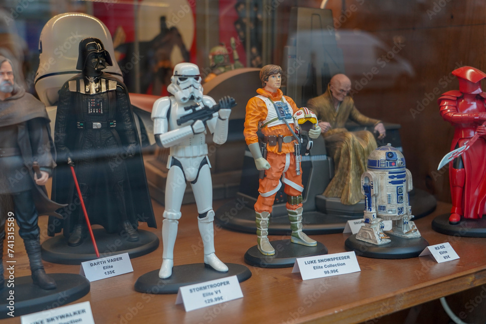 Fototapeta premium Paris , France 6 june 2023 : actions figures and collectibles items from pop culture , movies and comics , Star Wars 