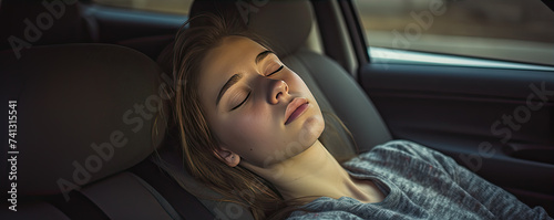 Woman is sleeping in car seat during night