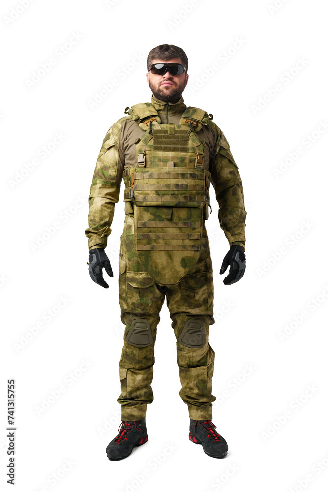 Full length portrait of man soldier wearing ammunition on white background Full length portrait of man soldier wearing ammunition on white background