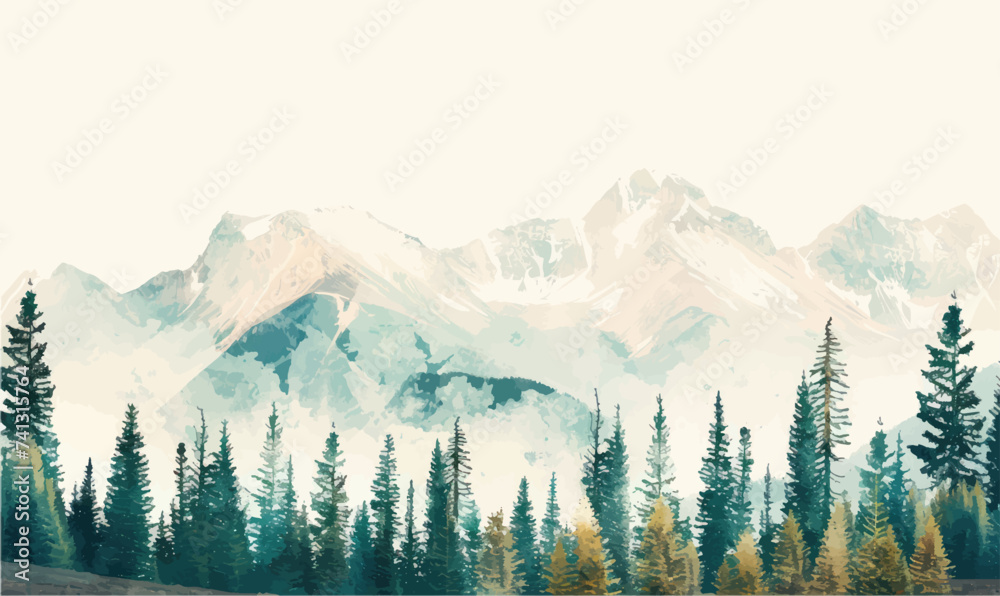 Digital painting of mountains and coniferous forest on a white background - obrazy, fototapety, plakaty 