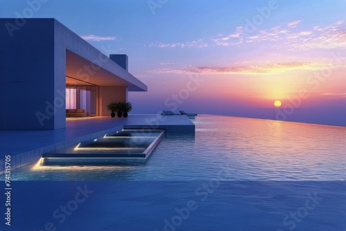 A sleek and contemporary swimming pool seamlessly blending with a stunning view of the ocean horizon. © Yana