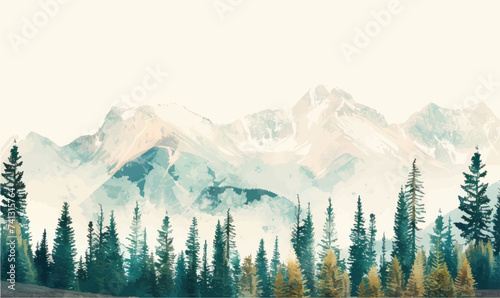 Digital painting of mountains and coniferous forest on a white background photo