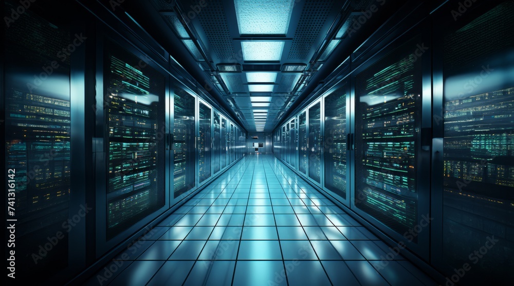 The photograph captures the interior of a modern, spacious server room, showcasing rows of equipment, racks, and cables, illustrating the technological infrastructure and complexity required for data