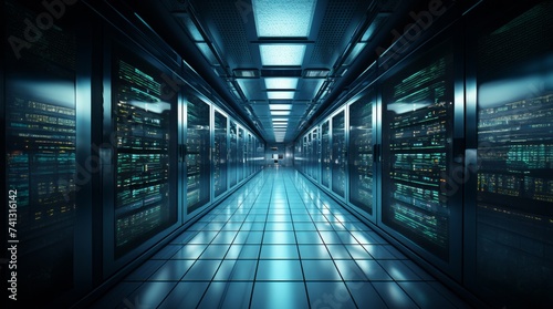 The photograph captures the interior of a modern  spacious server room  showcasing rows of equipment  racks  and cables  illustrating the technological infrastructure and complexity required for data