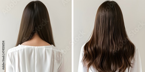 Before and after image of womans hair transformation with keratin treatment. Concept Hair Transformation, Keratin Treatment, Before and After, Woman, Hairstyle