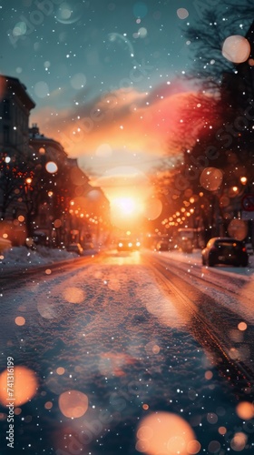 The sun is seen setting over a snow-covered street, creating a beautiful winter scene. © Yana