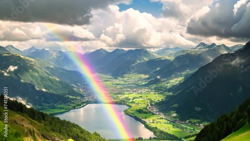 lake in the forest in lower mountains with rainbow photo