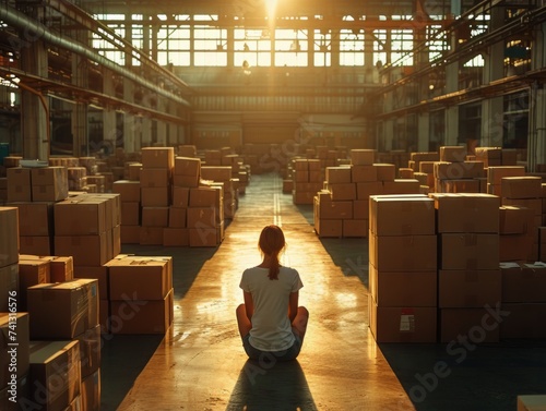A woman sitting on a conveyor belt surrounded by stacks of cardboard boxes in a warehouse.