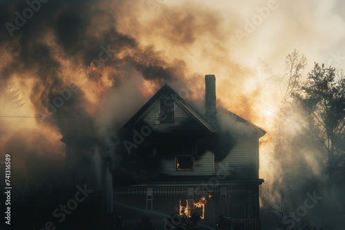 A photo capturing a house with an intense amount of smoke billowing out from it.