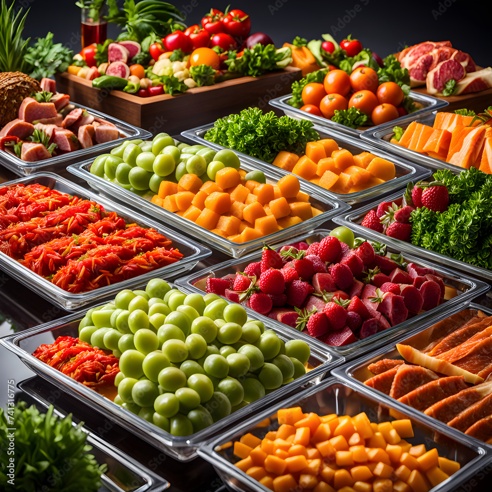 Table filled with fresh meat, fruits and vegetables, buffet
