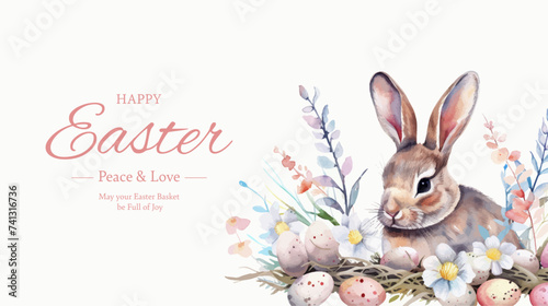 Easter basket with eggs and bunny decorated with flowers. Happy easter