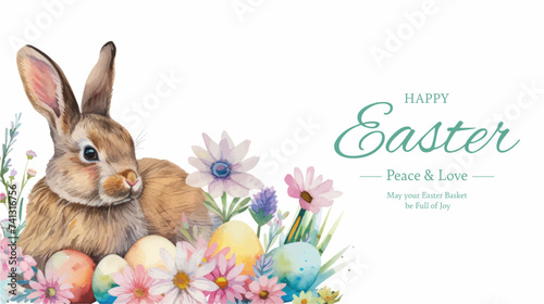 Easter basket with eggs and bunny decorated with flowers. Happy easter © Alice