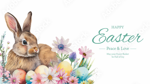 Easter basket with eggs and bunny decorated with flowers. Happy easter