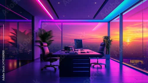 A sleek executive office in high-tech style featuring a desk with a computer situated in a well-lit room.