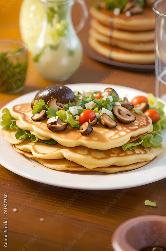 cooked fried pancakes with mushrooms and herbs on a wooden table.
