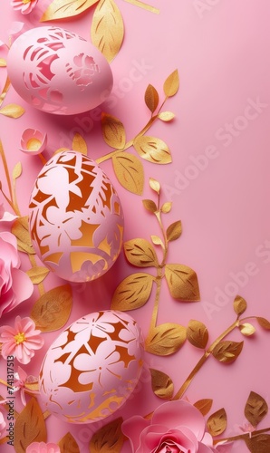 Beautiful decorated Easter eggs. Pink colored with floral elements. View from above, background with copyspace for your text. Easter celebration concept.