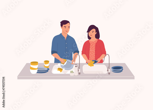 Smiling Couple Washing Dishes Together. Half Length.