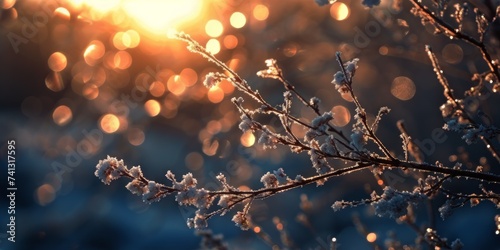 This photo showcases a close-up view of a tree covered in snow, with a bokeh effect created by icy branches, on a frosty winter morning.