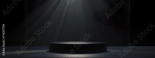 Black podium on elegant dark background. Platform metal on dark background with gold satin. AI generate
