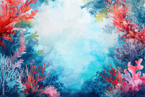Underwater scene with coral reef  fish and seaweed. Vector watercolor illustration.