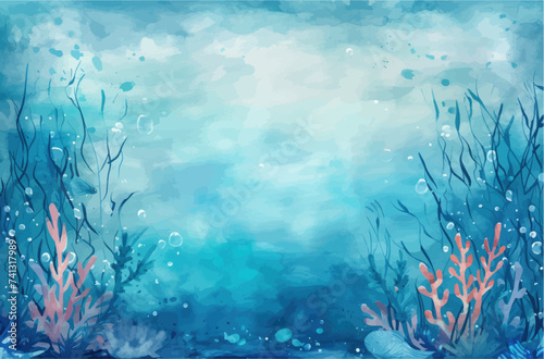Underwater scene with coral reef, fish and seaweed. Vector watercolor illustration.