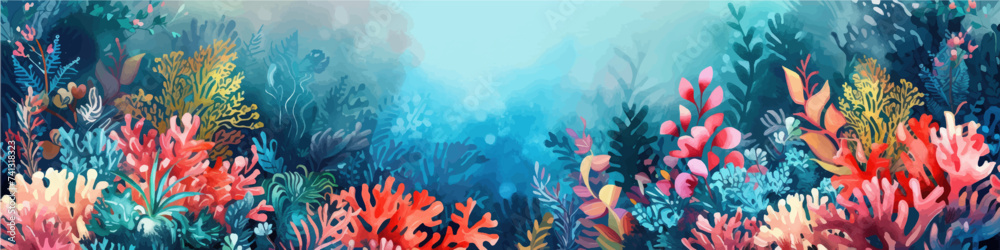 Underwater scene with coral reef, fish and seaweed. Vector watercolor illustration. - obrazy, fototapety, plakaty 
