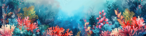 Underwater scene with coral reef, fish and seaweed. Vector watercolor illustration. photo