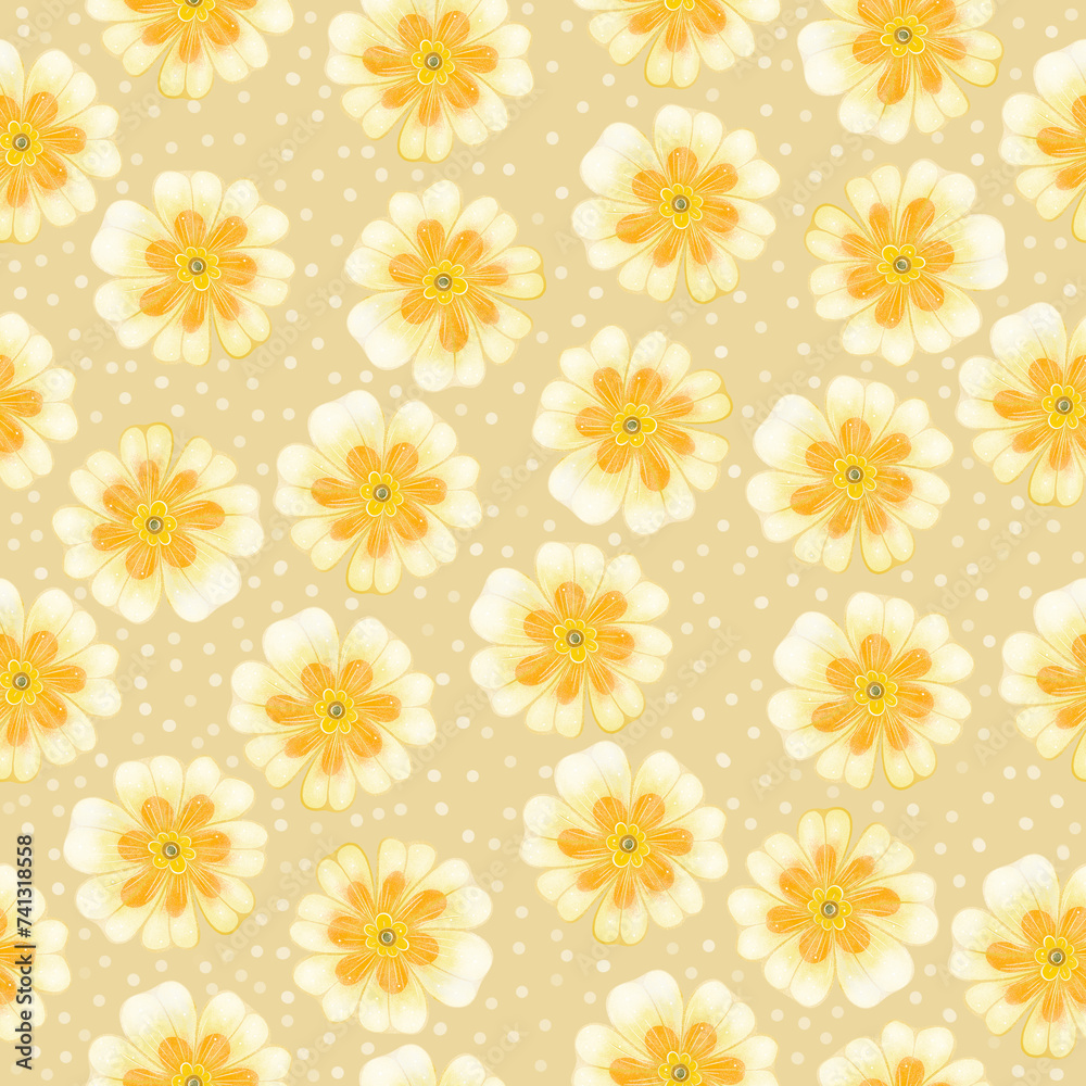 White primrose flowers, on a delicate peach background, seamless pattern, white dots, spring banner, illustration for decor design, floral print for print, textile, print White primrose flowers, on a delicate peach background, seamless pattern, white dots, spring banner, illustration for decor design, floral print for print, textile, print