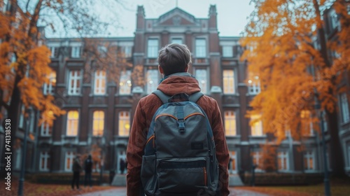 Person Walking Towards Building With Backpack