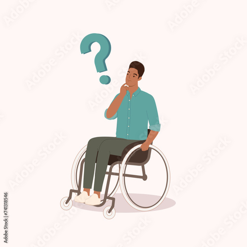 One Curious Black Man Sitting On Wheelchair Thinking Question With HIs Hand On Chin. Full Length.