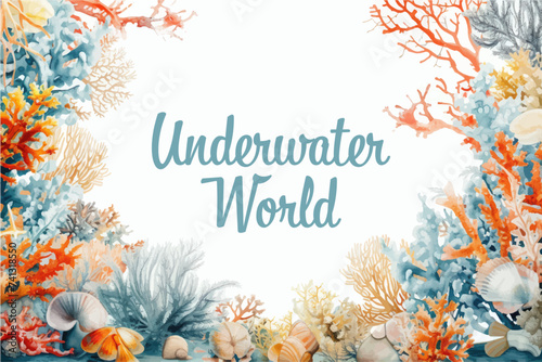 Underwater scene with coral reef, fish and seaweed. Vector watercolor illustration.
