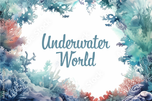 Underwater scene with coral reef, fish and seaweed. Vector watercolor illustration.