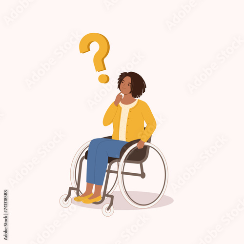 One Curious Black Woman Sitting On Wheelchair Thinking Question With Her Hand On Chin. Full Length.