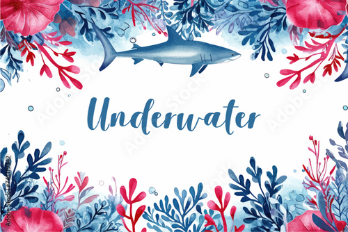 Underwater scene with coral reef, fish and seaweed. Vector watercolor illustration.
