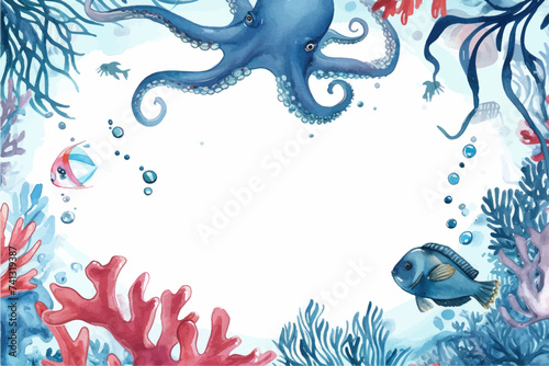 Underwater scene with coral reef, fish and seaweed. Vector watercolor illustration.