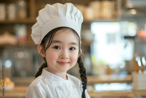 Happy little girl chef wearing chef hat and uniform with kitchen background