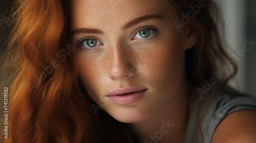 A close-up portrait of a beautiful young redhead woman with freckles looking at the camera. A girl with clean skin, Makeup, Natural Beauty.