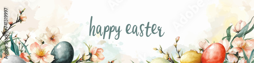 Easter basket with eggs and bunny decorated with flowers. Happy easter
