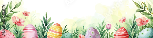 Easter basket with eggs and bunny decorated with flowers. Happy easter