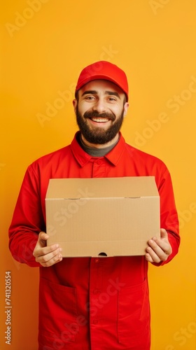 Man in Red Shirt Holding Cardboard Box © Yana