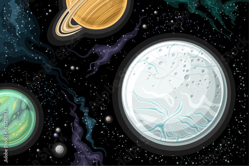 Vector Fantasy Space Chart, horizontal poster with cartoon design Enceladus and Titan moons, orbiting around Saturn in deep space, decorative futuristic cosmo print with black starry space background