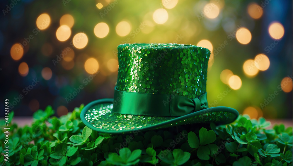 Obraz premium Feierlicher St. Patrick's Day Hintergrund mit glitzerndem grünem Hut und Kleeblättern
