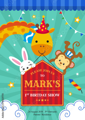 Birthday invitation with cute circus animals