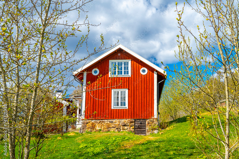 A typical Swedish red house on a beautiful sunny day, Falu Rödfärg
